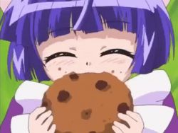 Rule 34 | 1girl, animated, animated gif, blush, closed mouth, cookie, crumbs, eating, closed eyes, food, lowres, magical nyan nyan taruto, non-web source, purple hair, short hair, taruto