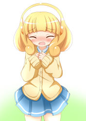 Rule 34 | 10s, 1girl, blonde hair, blush, cardigan, closed eyes, crying, hairband, highres, kise yayoi, open mouth, precure, school uniform, short hair, skirt, smile precure!, solo, white hairband, xenon (for achieve)