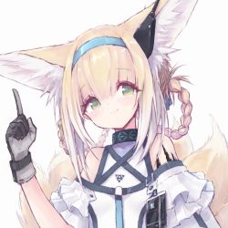 Rule 34 | 1girl, absurdres, animal ear fluff, animal ears, arknights, bare shoulders, blonde hair, blouse, buran (kure), closed mouth, commentary request, fox ears, fox girl, fox tail, gloves, green eyes, grey background, grey gloves, hair between eyes, hand up, highres, huge filesize, index finger raised, infection monitor (arknights), kitsune, material growth, multicolored hair, oripathy lesion (arknights), shirt, simple background, smile, solo, suzuran (arknights), tail, two-tone hair, upper body, white hair, white shirt