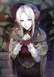 Rule 34 | 1girl, bloodborne, blue eyes, bonnet, doll joints, dress, fingerless gloves, gloves, highres, joints, own hands together, parted bangs, plain doll, puuzaki puuna, red gloves, solo, white hair