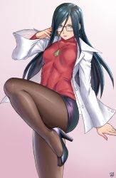 Rule 34 | 1girl, black hair, black pantyhose, commentary request, earrings, finalcake, glasses, green eyes, high heels, highres, jewelry, justice gakuen, lab coat, leg up, minazuki kyouko, necklace, pantyhose, pencil skirt, purple skirt, red sweater, ribbed sweater, skirt, solo, sweater, turtleneck