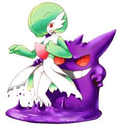 Rule 34 | 1girl, 5651030905, arm around waist, blush, bob cut, cleft of venus, clenched hand, collarbone, colored sclera, colored skin, constricted pupils, creatures (company), female focus, flat chest, game freak, gardevoir, gen 1 pokemon, gen 3 pokemon, gengar, green hair, green skin, grin, hair over one eye, hands up, knees together feet apart, legs, looking at another, looking down, looking up, multicolored skin, nintendo, one eye covered, open mouth, pokemon, pokemon (creature), puddle, pussy, red eyes, red sclera, short hair, sideways mouth, simple background, smile, tears, teeth, thighs, two-tone skin, uncensored, white background, white skin