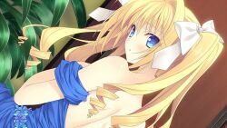 Rule 34 | 1girl, bare shoulders, blonde hair, blue dress, blue eyes, blush, bow, clothes pull, dress, dress pull, drill hair, dutch angle, from behind, game cg, hair between eyes, hair bow, indoors, long hair, looking back, nishimata aoi, open mouth, shiny skin, short dress, sleeveless, sleeveless dress, solo, suzuhira hiro, tsuki ni yorisou otome no sahou, upper body, ursule fleur jeanmaire, white bow