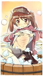 Rule 34 | 10s, 1girl, brown eyes, brown hair, bubble, clothes lift, crying, crying with eyes open, kantai collection, long hair, looking at viewer, nonco, ribs, ryuujou (kancolle), shirt lift, solo, tears, too literal, twintails, visor cap, washboard