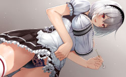 Rule 34 | 1girl, azur lane, black panties, blush, breasts, cameltoe, choker, clothes lift, collarbone, dress, dress lift, dutch angle, gradient background, hair between eyes, hairband, heart, highres, holding, lace-trimmed hairband, lace trim, large breasts, lifting own clothes, looking at viewer, mimikaki, panties, puffy sleeves, red eyes, ribbon, short hair, short sleeves, sidelocks, simple background, sirius (azur lane), solo, suika (atelier-yuu), thighhighs, underwear, white dress, white hair, white thighhighs