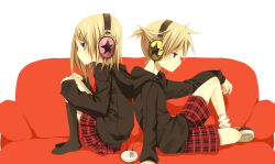 Rule 34 | 1boy, 1girl, back-to-back, bad id, bad pixiv id, blonde hair, blue eyes, brother and sister, couch, hair ornament, hairclip, headphones, hood, hoodie, kagamine len, kagamine rin, plaid, plaid shorts, plaid skirt, red upholstery, ringo komachi, short hair, shorts, siblings, sitting, skirt, twins, vocaloid