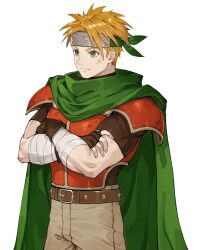Rule 34 | 1boy, armor, artist request, atelier (series), atelier marie, bandaged arm, bandages, belt, blonde hair, breastplate, brown belt, brown gloves, brown pants, cape, closed mouth, crossed arms, fingerless gloves, forehead protector, gloves, green cape, green eyes, green headband, headband, male focus, muscular, muscular male, official art, pants, ruven filnir, scar, scar on face, short hair, shoulder armor, simple background, smile, solo, standing