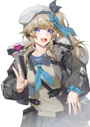 Rule 34 | 1girl, absurdres, animal bag, backpack, bag, beret, black jacket, blue bow, blue eyes, blue necktie, bow, cardigan, fur-trimmed jacket, fur trim, girls&#039; frontline, girls&#039; frontline 2: exilium, hair bow, hat, heart, highres, jacket, long hair, looking at viewer, microphone, necktie, open clothes, open jacket, open mouth, plaid, plaid skirt, pleated skirt, ren huozhe, shoulder bag, side ponytail, sidelocks, simple background, skirt, solo, teeth, upper body, upper teeth only, v, vepley (girls&#039; frontline 2), white background, white hat, yellow cardigan