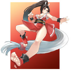 Rule 34 | 1girl, bare legs, border, breasts, brown eyes, brown hair, cleavage, eiji (eiji), feet, fire, folded fan, folding fan, foreshortening, hand fan, high ponytail, highleg, highleg panties, highres, holding, japanese clothes, large breasts, long hair, looking at viewer, multicolored background, ninja, panties, pelvic curtain, ponytail, red footwear, revealing clothes, rope, sash, shiranui mai, sleeveless, solo, stirrup legwear, the king of fighters, the king of fighters xv, thighs, toeless legwear, underwear, very long hair, white border