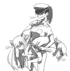 Rule 34 | ..., 10s, 3girls, :|, amatsukaze (kancolle), carrying, carrying under arm, closed mouth, female admiral (kancolle), flat cap, glasses, greyscale, hat, kantai collection, long hair, military, military vehicle, monochrome, multiple girls, olee, personification, ponytail, ship, shirt tug, simple background, sweat, warship, watercraft, white background, world war ii, yukikaze (kancolle)