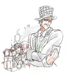 Rule 34 | 3boys, bad id, bad pixiv id, color trace, colored pencil (medium), confetti, cup, dated, drinking glass, food, food on face, gift, ichihara2929, jojo no kimyou na bouken, jonathan joestar, male focus, multiple boys, robert e. o. speedwagon, traditional media, will anthonio zeppeli, wine glass