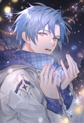 Rule 34 | 1boy, absurdres, blue hair, blue scarf, breath, coat, commentary, earrings, from side, green eyes, highres, holostars, holostars english, jewelry, lights, looking at viewer, male focus, night, night sky, parted lips, regis altare, rm-parfait, scarf, short hair, sky, snow, snowflakes, snowing, solo, stud earrings, symbol-only commentary, upper body, virtual youtuber, white coat