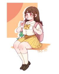 Rule 34 | 1girl, absurdres, artist name, backpack, bag, bag charm, blush, bow, bowtie, breast pocket, bright pupils, brown footwear, brown hair, buttons, charm (object), cup, dated, disposable cup, drink, drinking straw, drinking straw in mouth, frog charm, full body, hair ornament, hairclip, hands up, highres, holding, holding cup, holding drink, holding strap, hua hua de meme, loafers, long hair, looking at viewer, miniskirt, necktie, orange background, orange eyes, original, pink bag, plaid, plaid bow, plaid bowtie, plaid skirt, pleated skirt, plump, pocket, print cup, sailor collar, school uniform, serafuku, shoes, short sleeves, signature, sitting, skirt, snowman print, socks, solo, striped clothes, striped socks, sweatdrop, two-tone background, vertical-striped clothes, vertical-striped socks, white background, white pupils, white sailor collar, white serafuku, white socks, yellow necktie, yellow skirt