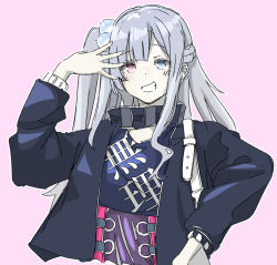 Rule 34 | 1girl, arm up, blue eyes, girls&#039; frontline, girls&#039; frontline neural cloud, grey hair, grin, hair ornament, heterochromia, highres, jacket, long hair, long sleeves, mdr (girls&#039; frontline), one side up, pink background, pink eyes, shitamichi 4444, simple background, smile, solo, spread fingers, upper body