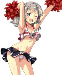 Rule 34 | 1girl, alternate costume, armpits, arms up, azur lane, black skirt, blue eyes, breasts, character name, cheering, cheerleader, clothes writing, collarbone, commentary request, crop top, crop top overhang, denver (azur lane), highres, holding, holding pom poms, looking at viewer, macaroni hourensou, midriff, miniskirt, navel, open mouth, panties, pantyshot, pleated skirt, pom pom (cheerleading), pom poms, shirt, short hair, short twintails, silver hair, simple background, skirt, sleeveless, sleeveless shirt, small breasts, smile, solo, sweat, twintails, underwear, white background, white panties