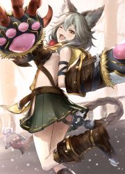 Rule 34 | 10s, 1girl, ;d, animal ears, bad id, bad pixiv id, belt, blush, boots, claw (weapon), erune, fangs, granblue fantasy, grey hair, highres, long hair, looking at viewer, one eye closed, open mouth, orange eyes, pleated skirt, sen (granblue fantasy), skirt, smile, solo, usami (ym1989), weapon