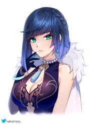 Rule 34 | 1girl, blue gloves, blue hair, blunt bangs, bob cut, breasts, cleavage, ear piercing, earrings, elbow gloves, feather coat, feather collar, genshin impact, gloves, gradient hair, green eyes, helloimtea, highres, jewelry, light blush, light smile, lipstick, looking at viewer, makeup, medium breasts, multicolored hair, necklace, pearl necklace, piercing, short hair, simple background, single glove, sleeveless, solo, tassel, twitter username, two-tone hair, upper body, white background, yelan (genshin impact)