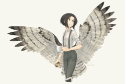 Rule 34 | 1girl, amelia shaw, artist name, asterisk kome, bird wings, black footwear, black hair, black pants, boots, brown eyes, cigarette, cigarette pack, coffee mug, collared shirt, commentary, cropped legs, cup, grey background, highres, holding, holding cup, knee boots, looking to the side, low wings, mouth hold, mug, pants, shirt, short hair, signature, simple background, sleeves rolled up, smoking, solo, spread wings, standing, suspenders, white shirt, winged fusiliers, wings