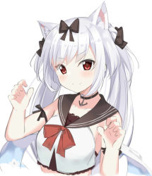 Rule 34 | 1girl, animal ear fluff, animal ears, azur lane, bare arms, bare shoulders, black bow, black choker, black sailor collar, blush, bow, cat ears, choker, claw pose, closed mouth, commentary request, crop top, fang, fang out, hair bow, hands up, kohakope, long hair, red bow, red eyes, sailor collar, school uniform, serafuku, shirt, silver hair, simple background, sleeveless, sleeveless shirt, smile, solo, twintails, upper body, very long hair, white background, white shirt, yukikaze (azur lane)