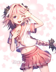 Rule 34 | 1boy, ;d, artist name, astolfo (fate), astolfo (sailor paladin) (fate), black bow, bow, braid, commentary, cowboy shot, fate/grand order, fate (series), fingernails, floral background, groin, hair between eyes, hair bow, hair intakes, hand on own chest, hand up, long hair, looking at viewer, male focus, medium skirt, midriff, miniskirt, multicolored hair, navel, neckerchief, official alternate costume, one eye closed, open mouth, pink hair, pink neckerchief, pleated skirt, purple eyes, red sailor collar, red skirt, roang, sailor collar, school uniform, serafuku, short sleeves, single braid, skirt, smile, solo, standing, stomach, streaked hair, symbol-shaped pupils, trap, very long hair, w, w over eye, white background