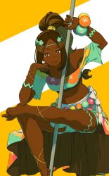 Rule 34 | 1girl, aduti momoyama, barefoot, bracelet, breasts, fire emblem, fire emblem engage, green nails, high ponytail, highres, holding, holding polearm, holding weapon, jewelry, medium breasts, multicolored clothes, multicolored nails, nail polish, navel, nintendo, parted bangs, pearl belt, pearl bracelet, pink nails, polearm, timerra (fire emblem), toenail polish, toenails, toes, weapon, white nails, yellow nails