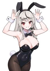 Rule 34 | 1girl, absurdres, alternate costume, animal ears, armpits, bare shoulders, black bow, black bowtie, black hair, black leotard, black pantyhose, bow, bowtie, braid, breasts, cleavage, covered navel, cowboy shot, detached collar, double-parted bangs, earrings, fake animal ears, fake tail, grey hair, grin, hair ornament, hairclip, hands up, hashtag-only commentary, heart, heart hair ornament, highleg, highleg leotard, highres, hirayu721, hololive, jewelry, knees out of frame, large breasts, leotard, long hair, looking at viewer, multicolored hair, multiple piercings, pantyhose, playboy bunny, rabbit ears, rabbit pose, rabbit tail, red eyes, sakamata chloe, side braid, sidelocks, simple background, smile, solo, spike piercing, strapless, strapless leotard, streaked hair, tail, teeth, traditional bowtie, virtual youtuber, white background, wrist cuffs, x hair ornament