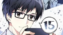 Rule 34 | 1boy, black hair, brown eyes, eyebrows hidden by hair, glasses, idolish7, light smile, looking at viewer, male focus, meganeoftheday, necktie, okazaki rinto, short hair, solo, sparkle