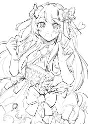 Rule 34 | 1girl, artist request, chaos marie (grimms notes), cleavage cutout, clothing cutout, dress, frills, grimms notes, hair ribbon, jewelry, long hair, monochrome, open mouth, pendant, puffy short sleeves, puffy sleeves, ribbon, short sleeves, simple background, sketch, smile, solo, unfinished, white background, wings
