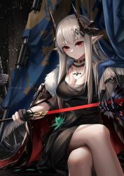 Rule 34 | 1girl, absurdres, arknights, artist name, banner, black dress, black gloves, breasts, cleavage, closed mouth, collarbone, dress, earrings, feet out of frame, flower, fur trim, gauntlets, gloves, green flower, grey hair, highres, holding, holding sword, holding weapon, horns, jewelry, large breasts, long hair, looking at viewer, mudrock (arknights), mudrock (silent night) (arknights), necklace, official alternate costume, partially fingerless gloves, pointy ears, red eyes, sidelocks, single gauntlet, single glove, solo, sword, very long hair, weapon, z 05