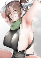 Rule 34 | 1girl, absurdres, ahoge, areola slip, armpits, arms up, bandaged arm, bandages, bare shoulders, black shirt, blush, breasts, brown eyes, brown hair, covered navel, fate/grand order, fate (series), green scarf, grin, hair between eyes, hair ribbon, high ponytail, highres, large breasts, len (hand linke), looking at viewer, medium hair, parted bangs, ribbon, scar, scar on face, scar on nose, scarf, shirt, sideboob, sideless outfit, sitting, smile, solo, sugitani zenjubou (fate), thighs, tying hair