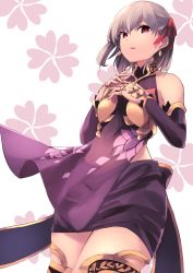 Rule 34 | 1girl, absurdres, armlet, armor, bad id, bad pixiv id, bare shoulders, bikini armor, bracelet, breasts, collar, detached sleeves, dress, earrings, fate/grand order, fate (series), floral print, hair ribbon, highres, jewelry, kama (fate), kama (first ascension) (fate), looking at viewer, metal collar, miniskirt, pelvic curtain, purple dress, purple skirt, purple sleeves, purple thighhighs, red eyes, red ribbon, ribbon, ring, sh22, short hair, silver hair, skirt, small breasts, thighhighs, thighlet, thighs