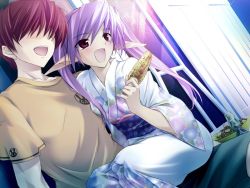 Rule 34 | 1boy, 1girl, 5pb., :d, alice soft, corn, dating, elf, faceless, faceless male, festival, game cg, happy, japanese clothes, kimono, onigirikun, open mouth, pastel chime, pastel chime continue, phil ehart, pointy ears, purple hair, red eyes, sitting, sitting on lap, sitting on person, smile, yukata