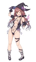 Rule 34 | 1girl, absurdres, black footwear, black gloves, black hat, black one-piece swimsuit, blush, bow, breasts, cleavage, crescent choker, detached sleeves, gloves, grey socks, hair ribbon, hat, hat bow, highres, idolmaster, idolmaster shiny colors, large hat, long hair, looking at viewer, low twintails, mary janes, medium breasts, navel, one-piece swimsuit, one eye closed, open mouth, osaki amana, puffy short sleeves, puffy sleeves, red hair, ribbon, shoes, short sleeves, smile, socks, solo, standing, striped clothes, striped socks, swept bangs, swimsuit, thigh strap, twintails, vertical-striped clothes, vertical-striped socks, wanimaru, witch hat, yellow eyes