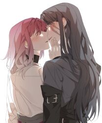 Rule 34 | 2girls, absurdres, after kiss, black coat, black hair, blush, coat, ear blush, eye contact, from behind, gradient hair, hand on another&#039;s face, highres, illusion moon, kiss, looking at another, multicolored hair, multiple girls, parted lips, path to nowhere, pink hair, rahu (path to nowhere), scar, scar across eye, shalom (path to nowhere), shirt, simple background, smile, upper body, white background, white shirt, yuri