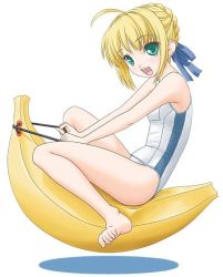 Rule 34 | 00s, 1girl, artoria pendragon (all), artoria pendragon (fate), banana, barefoot, blonde hair, braid, fate/stay night, fate (series), food, fruit, green eyes, hair ribbon, inflatable banana, inflatable toy, looking at viewer, one-piece swimsuit, open mouth, ribbon, saber (fate), school swimsuit, sitting, smile, swimsuit, t2r, teeth, white background, white one-piece swimsuit