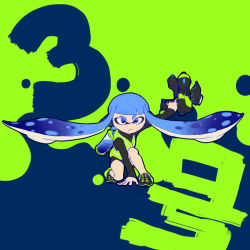 Rule 34 | 1girl, agent 3 (splatoon), arm support, bike shorts, blue eyes, blue hair, con (my0312), headgear, holding, ink tank (splatoon), inkling, inkling girl, inkling player character, long sleeves, looking at viewer, matching hair/eyes, nintendo, simple background, solo, splatoon (series), splatoon 1, squatting, squidbeak splatoon, super soaker, tentacle hair