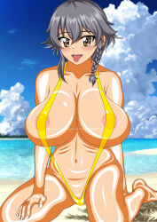 Rule 34 | 1girl, absurdres, beach, black hair, blush, braid, breasts, brown eyes, covered erect nipples, girls und panzer, highres, kneeling, large breasts, looking at viewer, mevius9, navel, ocean, open mouth, outdoors, pepperoni (girls und panzer), saliva, short hair, side braid, slingshot swimsuit, solo, swimsuit, tan, tongue, tongue out