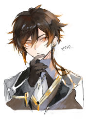 Rule 34 | 1boy, absurdres, black gloves, black hair, brown hair, closed mouth, collar, collared shirt, earrings, eyes visible through hair, formal, genshin impact, gloves, hair between eyes, hand on own chin, highres, hmkang07, jacket, jewelry, long hair, long sleeves, looking at viewer, male focus, multicolored hair, shirt, simple background, single earring, solo, suit, white background, yellow eyes, zhongli (genshin impact)