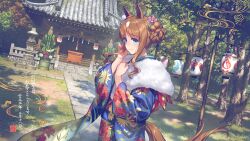 Rule 34 | 1girl, 3d, animal ears, blue eyes, blue kimono, brown hair, ear ornament, floral print, fur-trimmed kimono, fur trim, grass wonder (umamusume), grass wonder (unchangingness that flows forever) (umamusume), highres, horse ears, horse girl, horse tail, japanese clothes, kimono, looking at viewer, medium request, multicolored hair, new year, official alternate costume, okada manabi, outdoors, shrine, smile, solo, streaked hair, tail, translation request, umamusume, white hair