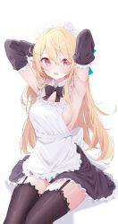 Rule 34 | 1girl, alternate costume, apron, armpits, arms up, black bow, black dress, black garter straps, blonde hair, blush, bow, bowtie, breasts, collar, detached collar, detached sleeves, deyui, dress, enmaided, frilled apron, frills, garter straps, highres, maid, maid apron, maid headdress, medium breasts, naked apron, nijisanji, nijisanji en, open mouth, pointy ears, pomu rainpuff, puffy sleeves, red eyes, sideboob, simple background, thighhighs, unconventional maid, virtual youtuber, white apron, white background, white collar, wing collar