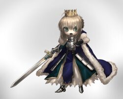Rule 34 | 1girl, ahoge, armor, artoria pendragon (all), artoria pendragon (fate), black gloves, blonde hair, blue cape, braid, braided bun, breastplate, cape, chestnut mouth, chibi, commentary request, crown, dress, excalibur (fate/stay night), fate/grand order, fate (series), full body, fur-trimmed cape, fur trim, gauntlets, gloves, green dress, green eyes, hair bun, highres, holding, holding sword, holding weapon, layered dress, looking at viewer, narue, open hand, open mouth, outstretched hand, pelvic curtain, sabaton, saber (fate), serious, short hair, sidelocks, simple background, skirt, solo, standing, sword, weapon, white background, white skirt