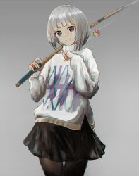 Rule 34 | 1girl, animal crossing, arms up, black eyes, black pantyhose, black skirt, closed mouth, fishing rod, grey background, grey hair, highres, holding, holding fishing rod, long sleeves, looking at viewer, nintendo, pantyhose, short hair, simple background, skirt, sleeves past wrists, smile, solo, standing, swav, sweater, turtleneck, turtleneck sweater, white sweater