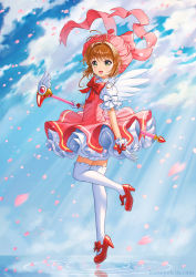 Rule 34 | 1girl, :d, ahoge, angel wings, antenna hair, bow, brown hair, cardcaptor sakura, cloud, commentary, dress, floating, floating object, footwear bow, full body, gloves, green eyes, hair intakes, hat, high heels, highres, holding, holding staff, kimopoleis, kinomoto sakura, looking at viewer, open mouth, petals, pink dress, pink hat, puffy short sleeves, puffy sleeves, red bow, red footwear, shoes, short hair, short sleeves, sky, smile, solo, staff, thighhighs, white gloves, white thighhighs, wings, zettai ryouiki
