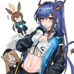 Rule 34 | 3girls, ^^^, alternate costume, amiya (arknights), animal ears, arknights, ascot, belt, beret, bikini, black belt, black collar, black gloves, black headwear, black jacket, black legwear, blue ascot, blue hair, blue skirt, blush, breasts, brown hair, ch&#039;en (arknights), cleavage, collar, collarbone, commentary request, cup, dragon girl, dragon horns, dragon tail, drill hair, drinking, earpiece, gloves, hair intakes, hat, highleg, highleg panties, holding, holding cup, horns, infection monitor (arknights), jacket, long hair, looking at viewer, medium breasts, midriff, multicolored hair, multiple girls, navel, o o, open clothes, open jacket, orange hair, panties, pantyhose, ponytail, pov, pov hands, rabbit ears, red eyes, red hair, shirt, side drill, simple background, skirt, srpzk, stomach, streaked hair, swimsuit, swire (arknights), tail, tiger ears, twin drills, underwear, white background, white bikini, white shirt