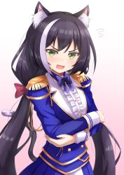 Rule 34 | 1girl, animal ear fluff, animal ears, black hair, blue skirt, blush, bow, bowtie, cat ears, cat tail, commentary, company connection, cosplay, costume switch, cygames, daiwa scarlet (umamusume), daiwa scarlet (umamusume) (cosplay), epaulettes, fang, flying sweatdrops, gradient background, green eyes, hair bow, highres, karyl (princess connect!), long sleeves, low twintails, multicolored hair, princess connect!, seiji (artman), skin fang, skirt, solo, streaked hair, sweat, tail, twintails, umamusume, upper body, white hair