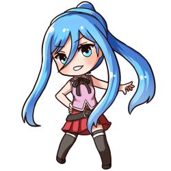 Rule 34 | &gt;:d, 10s, 1girl, :d, aoki hagane no arpeggio, blue eyes, blue hair, casual, chibi, long hair, looking at viewer, matching hair/eyes, open mouth, pensuke, pleated skirt, ponytail, skirt, smile, solo, takao (aoki hagane no arpeggio), v-shaped eyebrows