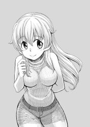 Rule 34 | 1girl, arm behind back, belt, breasts, breasts day, carpaccio (girls und panzer), closed mouth, cowboy shot, girls und panzer, good breasts day, greyscale, hair between eyes, highres, light blush, long hair, looking to the side, medium breasts, monochrome, pants, ribbed sweater, simple background, sleeveless, sleeveless sweater, smile, solo, sutahiro (donta), sweater, turtleneck, turtleneck sweater