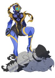 Rule 34 | 1boy, 1girl, absurdres, armor, armored boots, boots, breasts, catball1994, cobra genome, commentary request, full body, gauntlets, helmet, high collar, high heel boots, high heels, highres, kamen rider, kamen rider jeanne, kamen rider revice, simple background, stepped on, tokusatsu, white background