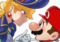Rule 34 | 1boy, 1girl, artist request, blonde hair, blue eyes, blush, brooch, brown hair, earrings, face-to-face, facial hair, gloves, hair between eyes, hand on another&#039;s face, hat, highres, jewelry, mario, mario (series), mustache, nintendo, open mouth, overalls, ponytail, princess peach, princess peach: showtime!, smug, standing, swordfighter peach, upper body