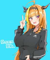 Rule 34 | 1girl, adidas, ahoge, alternate costume, black hairband, black jacket, blonde hair, blue background, blunt bangs, bow, braid, brand name imitation, character name, collarbone, commentary request, diagonal-striped bow, dragon girl, dragon horns, fang, hairband, hand up, haseneko, highres, hololive, horn bow, horn ornament, horns, jacket, kiryu coco, light blush, long hair, long sleeves, looking at viewer, multicolored eyes, multicolored hair, open mouth, orange hair, pointy ears, purple eyes, red eyes, side braid, sidelocks, simple background, single braid, skin fang, slit pupils, solo, streaked hair, striped, striped bow, track jacket, upper body, v, very long hair, virtual youtuber